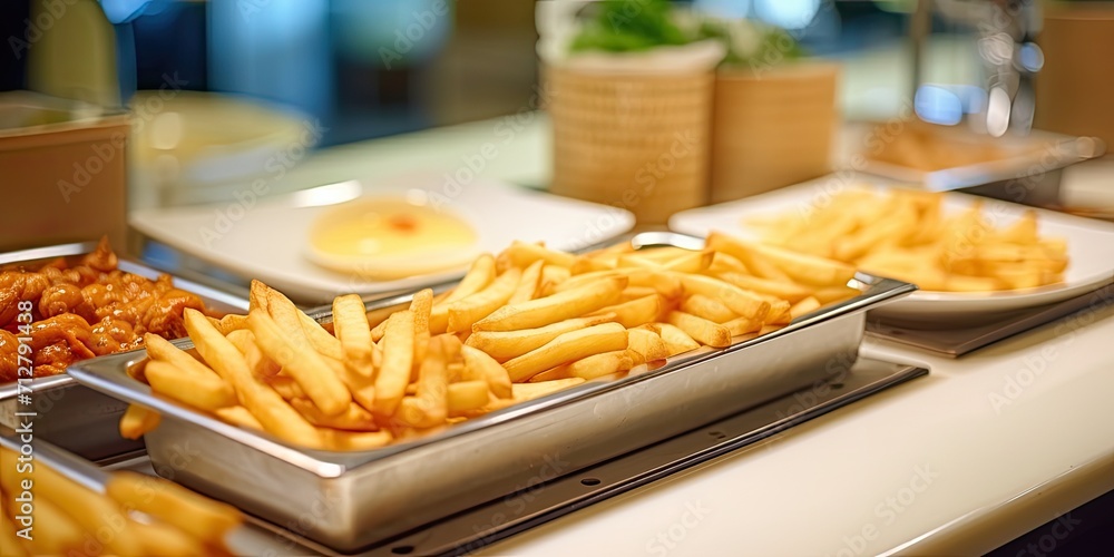 Potato sticks served at hotel buffet for breakfast and lunch on catering banquet. Potato sticks served at hotel buffet for breakfast and lunch on catering banquet.