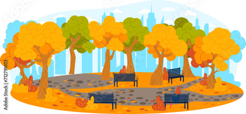 Autumn park scene with orange, green trees, benches, clear sky, cityscape. Fall landscape with foliage and urban backdrop vector illustration. photo