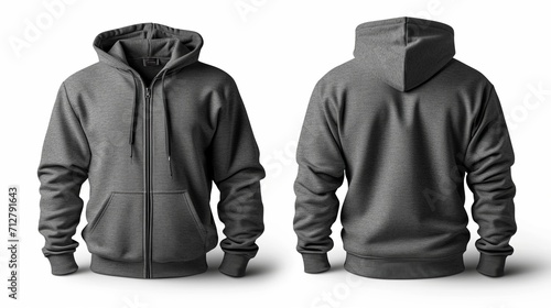 Grey tee hoodies set front and back view, isolated on white background for mockup and design.