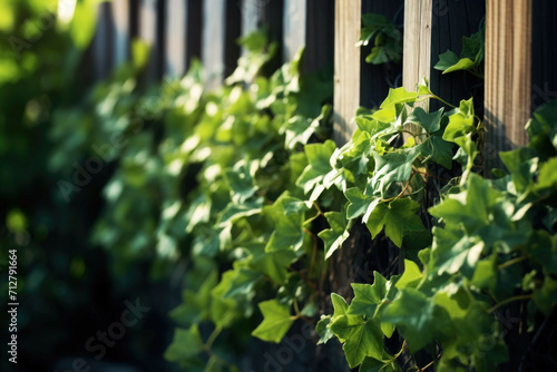 A lush green vine growing up a wooden fence in the garden