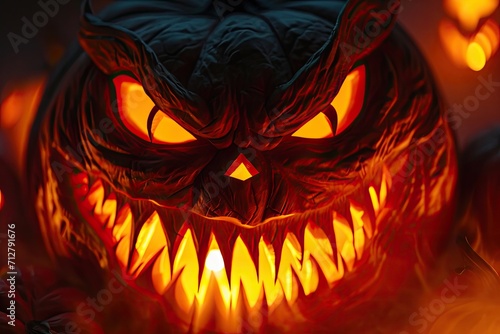 carved jack-o-lantern with a sinister grin and glowing eyes spooky halloween pumpkin Jack O Lantern with an evil face and eyes photo