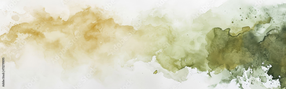Fototapeta premium Watercolor abstract background on white canvas with a dynamic mix of earthy brown and olive green, banner, panorama