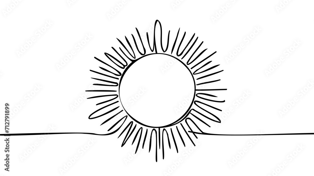 Fototapeta premium Continuous line sun art. Single line sketch sunny summer travel concept.