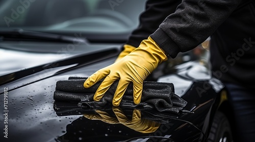 Car detailer cleaning black car with microfiber cloth, close up view of valeting process. photo