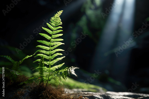 A fern in a cave with a single light source