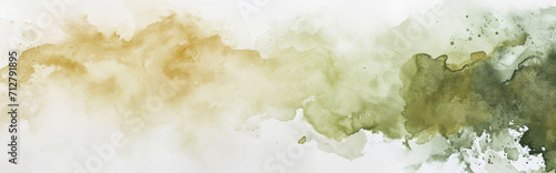 Watercolor abstract background on white canvas with a dynamic mix of earthy brown and olive green, banner, panorama photo