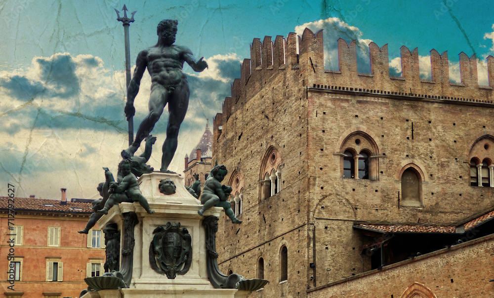Statue of Neptune, old Italian postcard. Vintage old style look photograph with scratches and dust. Bologna, Italy.