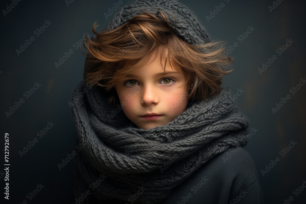 Cute little boy in warm knitted scarf. Studio shot. Cute little boy in warm knitted scarf. Studio shot.