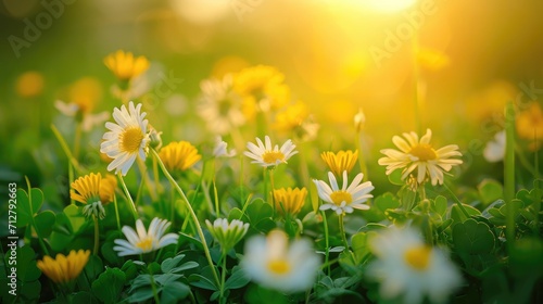 Beautiful summer natural background with yellow white flowers daisies, clovers and dandelions in grass against of dawn morning