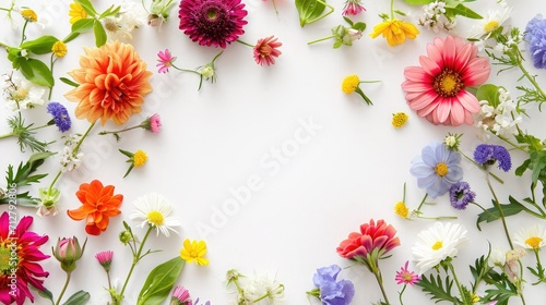 Flowers composition. Wreath made of various colorful flowers on white background. Easter  spring  summer concept. Flat lay  top view  copy space