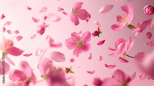 Fresh quince blossom, beautiful pink flowers falling in the air isolated on pink background. Zero gravity or levitation, spring flowers conception, high resolution image