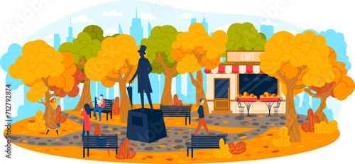 Autumn park with statue, walking people, and a cafe kiosk. Fall cityscape with colorful trees and leisure concept. Urban fall landscape vector illustration.