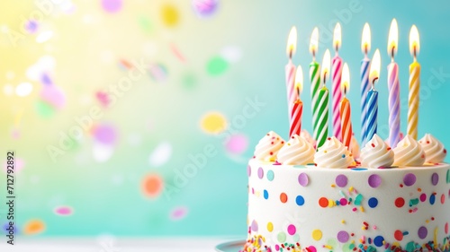 A colorful birthday cake with lit candles and confetti on a light background photo