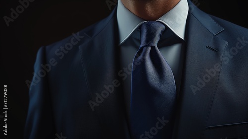 Close-up of a navy blue tie and suit