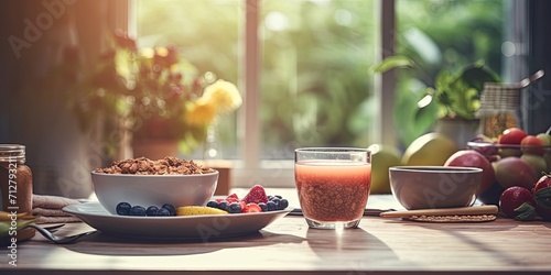 Morning lifestyle with healthy cooking and eating, coffee and food set on kitchen table background. photo