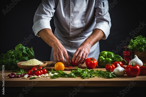 Talented chef crafting a creative vegetarian dish in a vibrant restaurant kitchen