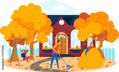 Man raking leaves near house, child swinging under autumn tree. Fall season yard work and family activities vector illustration.