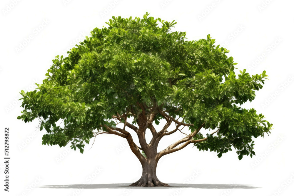 A ficus tree with its broad leaves and thick trunk, standing in a bright garden, isolated on white background A ficus tree with its broad leaves and thick trunk, standing in a bright garden, isolated on white background