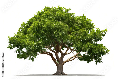 A ficus tree with its broad leaves and thick trunk  standing in a bright garden  isolated on white background