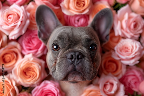 Close up portrait of face of cute funny french bulldog dog peeking out from pink roses 