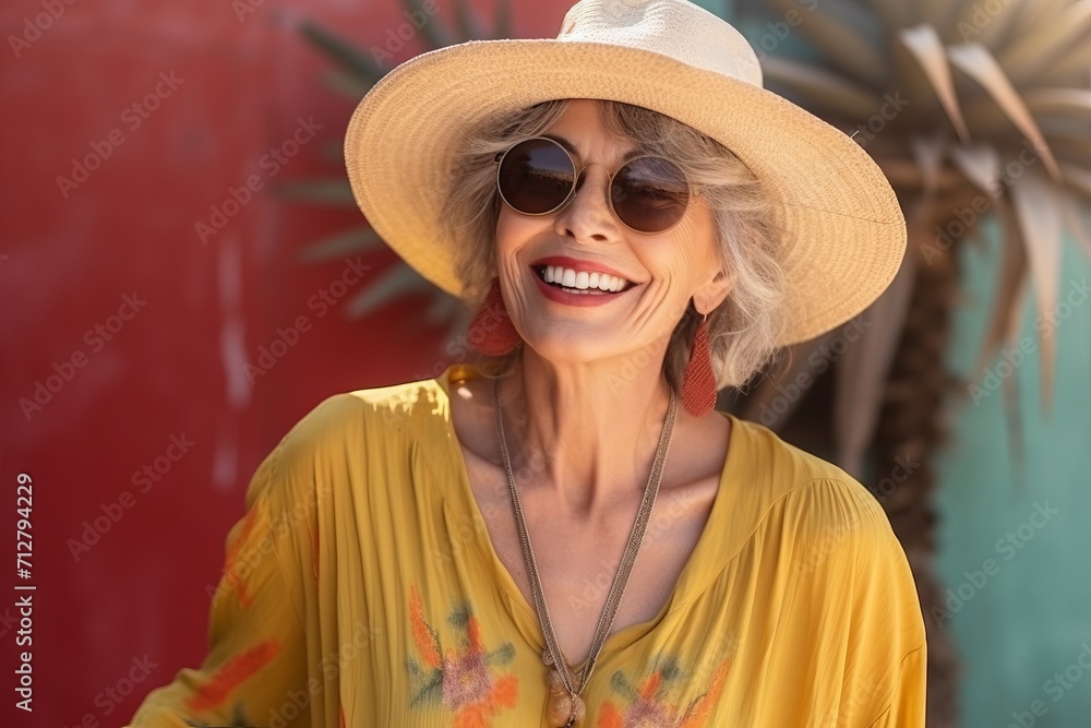 Portrait of beautiful mature woman in hat, sunglasses and summer dress.