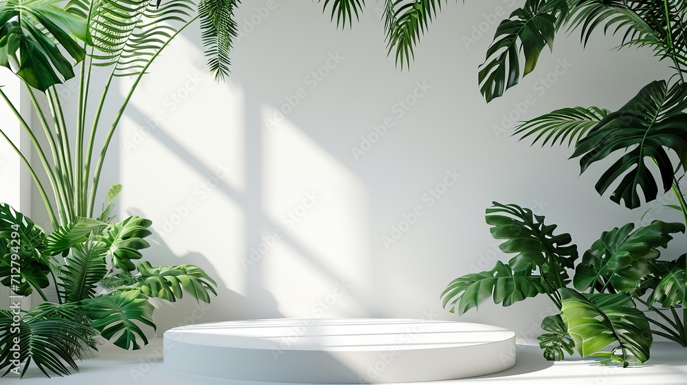 White podium with nature leaves on background for minimal product display pedestal empty studio scene cosmetic beauty and fashion banner concept. Generated AI