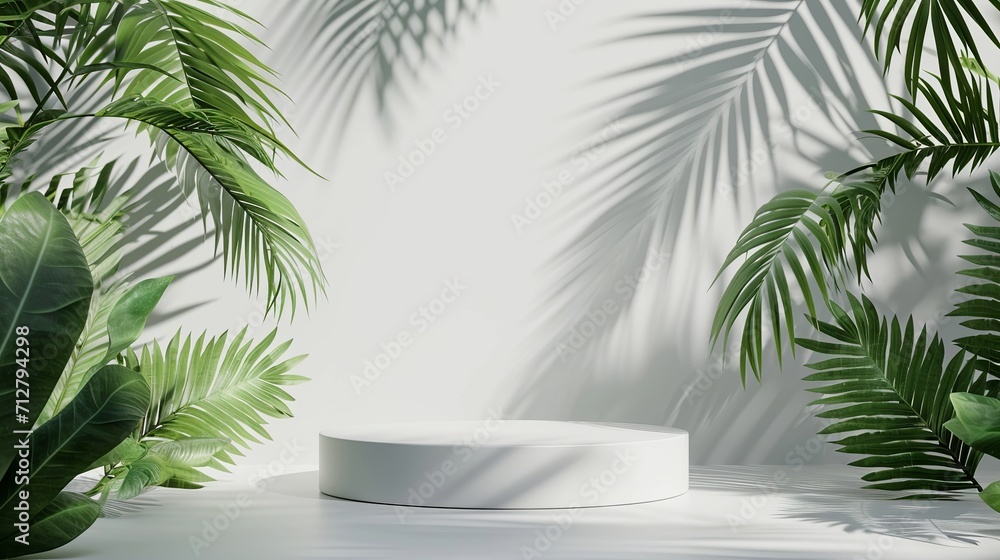 White podium with nature leaves on background for minimal product display pedestal empty studio scene cosmetic beauty and fashion banner concept. Generated AI White podium with nature leaves on background for minimal product display pedestal empty studio scene cosmetic beauty and fashion banner concept. Generated AI