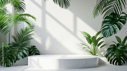 Enhance your beauty and fashion banner with a white podium featuring nature leaves, creating a minimal product display pedestal in an empty studio scene for a captivating concept. Generated AI
