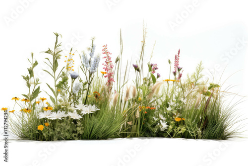 A grassy meadow with a variety of wildflowers, grasses, and other plants, isolated on white background photo