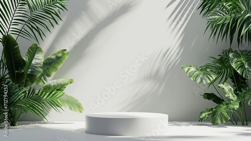 Enhance your beauty and fashion banner with a white podium featuring nature leaves, creating a minimal product display pedestal in an empty studio scene for a captivating concept.  Generated AI © DARIKA