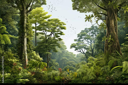 A dense forest with a variety of trees, plants, and other foliage, isolated on white background