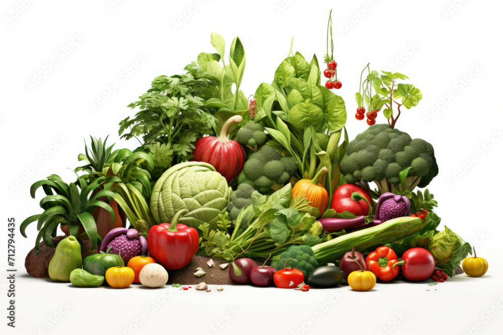 A garden with a variety of vegetables, fruits, and other edible plants, isolated on white background A garden with a variety of vegetables, fruits, and other edible plants, isolated on white background