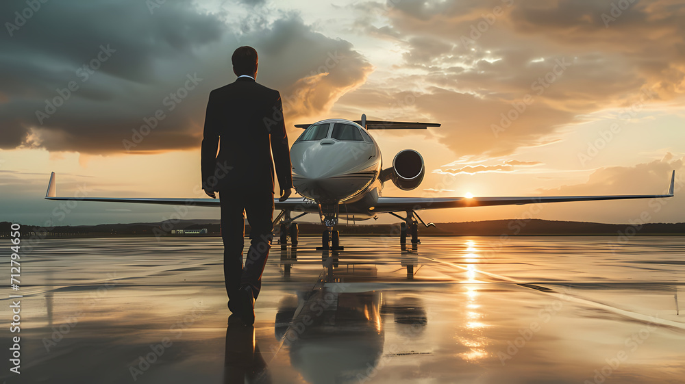 a man walking towards a private jet airplane preparing to board - obrazy, fototapety, plakaty 