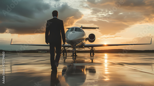 a man walking towards a private jet airplane preparing to board photo