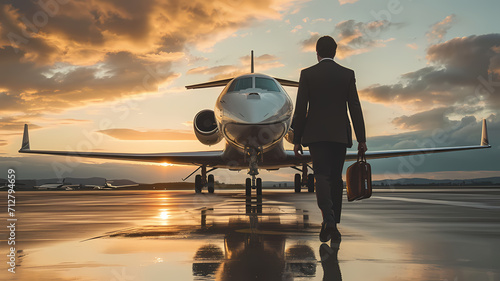 a man walking towards a private jet airplane preparing to board photo