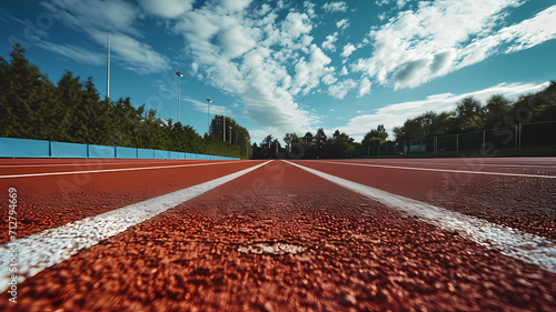 close up low ground angle photo of a running track outside, wide angle lens photo photo