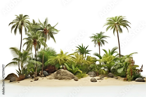 A lush tropical beach with a variety of palms  shrubs  and other plants  isolated on white background