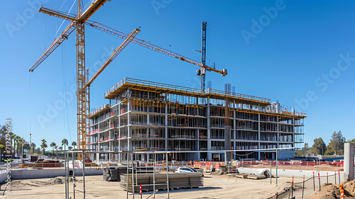 construction site for a large building with a clear blue sky background