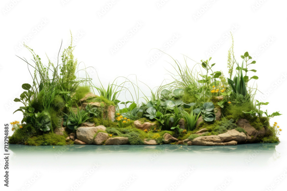 A pond with a variety of water plants, algae, and other aquatic vegetation, isolated on white background - obrazy, fototapety, plakaty 