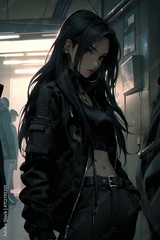 fascinating cyberpunk woman dressed in slim-tight leather jacket and jeans, charming anime characters, neon lights, gloss, 2d game art. generative AI fascinating cyberpunk woman dressed in slim-tight leather jacket and jeans, charming anime characters, neon lights, gloss, 2d game art. generative AI