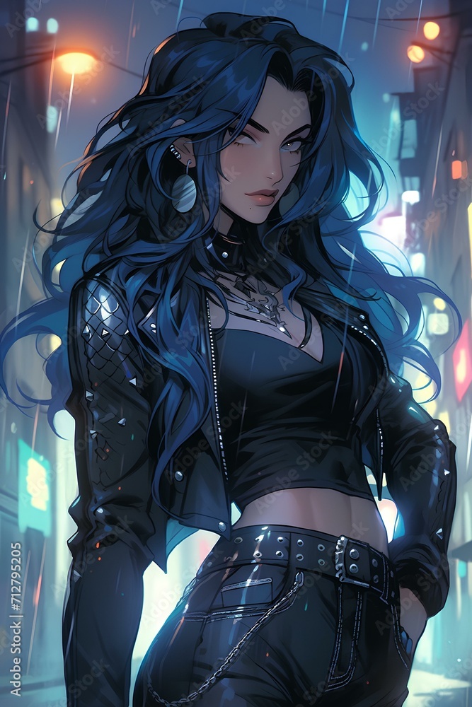 fascinating cyberpunk woman dressed in slim-tight leather jacket and jeans, charming anime characters, neon lights, gloss, 2d game art. generative AI