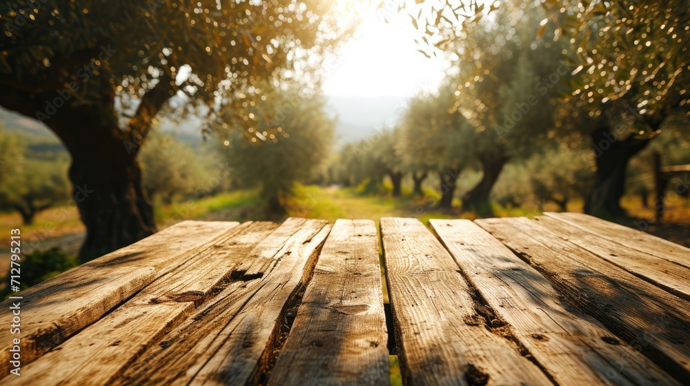 Olive Grove Essence: A Wooden Table, Empty with Abundant Copy Space, Placed over an Olives Field Background, Eliciting Thoughts of Freshness and Agricultural Abundance.

