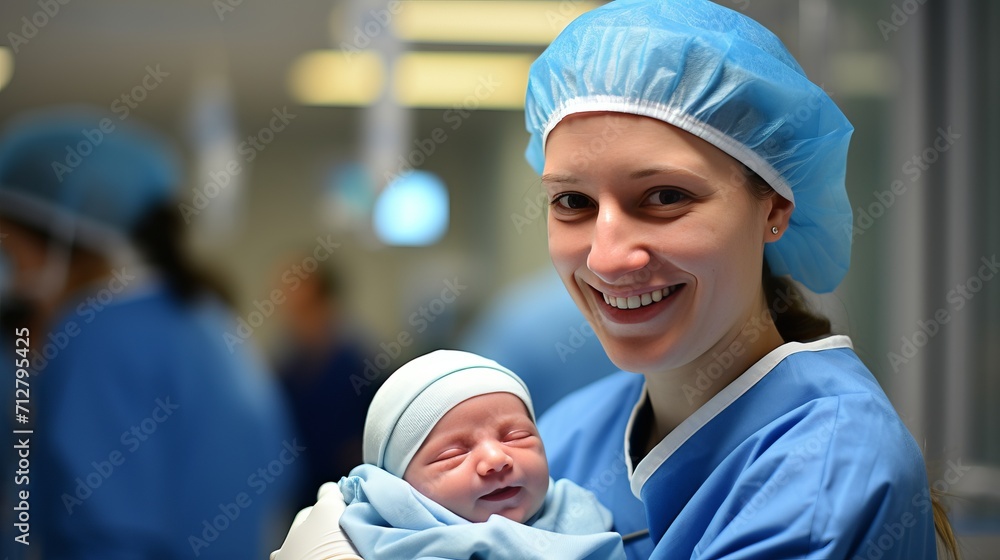 A caring nurse embracing a day old newborn baby with genuine emotions of nurture and care