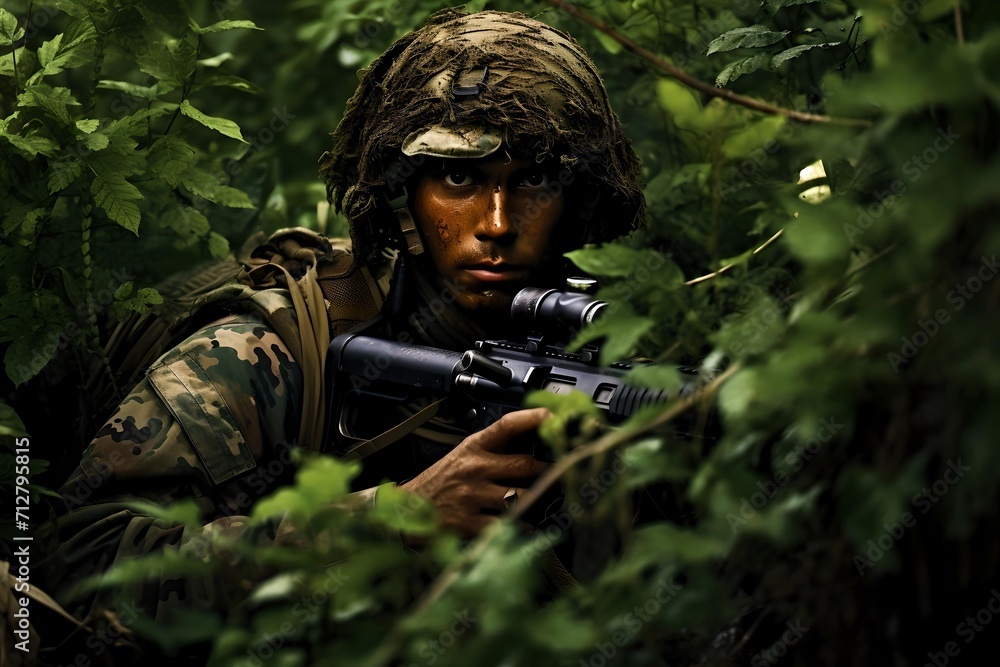 Camouflaged Soldier Amidst Jungle Greenery