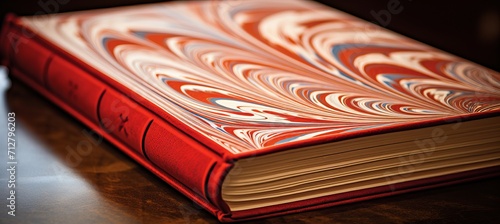 Close up view of intricately swirling patterns and aged textures on antique book s marbled endpapers photo