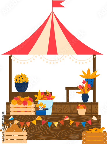 Farmers market stall with colorful autumn harvest, pumpkins, flowers, and wooden crates. Fall festival tent with seasonal decorations vector illustration.