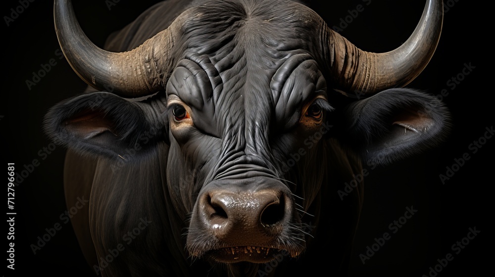 Stunning african buffalo portrait isolated on black background   powerful wildlife photography