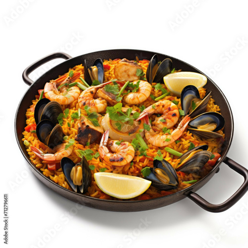 Seafood Paella isolated on white background