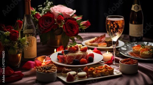 Festive table setting decorated for Valentine's Day with red roses and candles.