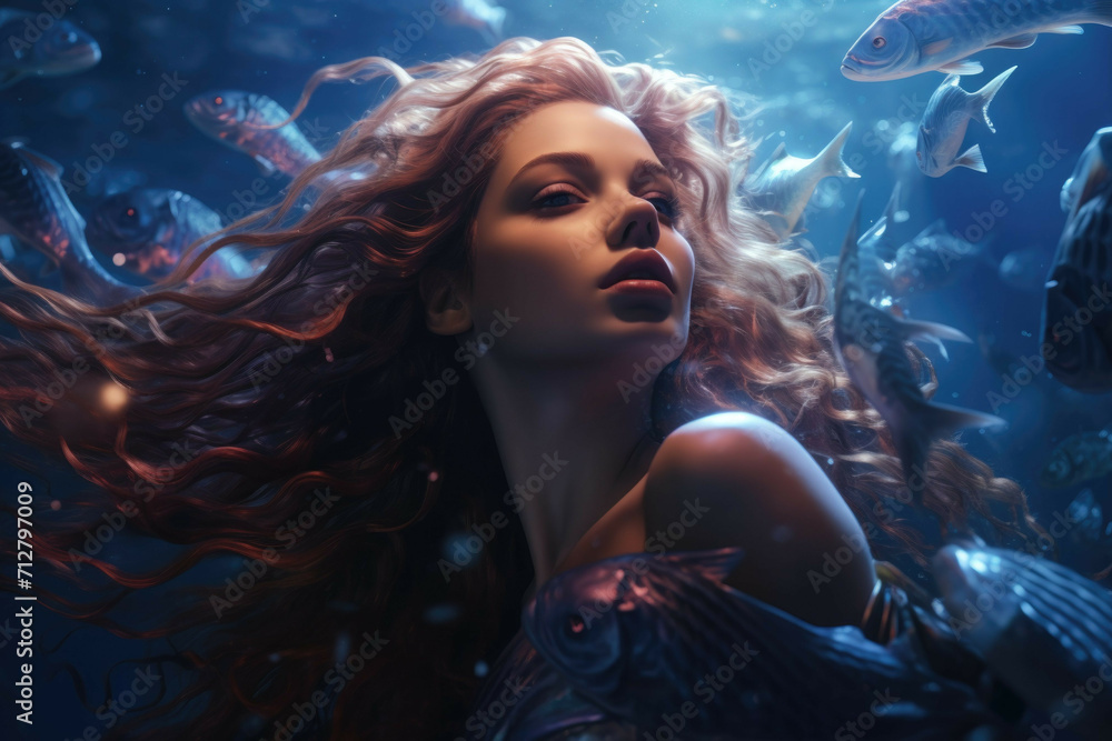 A beautiful mermaid swimming in a moonlit ocean, surrounded by a school of fish